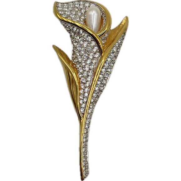 Swarovski Vtg Calla Lily Brooch Crystal Pave Rhinestone 22K Gold Plate Flower - Picture 1 of 9